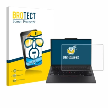 Parte frontal de un envase de producto con el logotipo de la marca BROTECT. Al lado se muestra el dispositivo Lenovo ThinkPad 