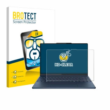 Parte frontal de un envase de producto con el logotipo de la marca BROTECT. Al lado se muestra el dispositivo Lenovo Yoga Pro 