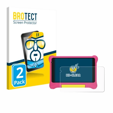 Parte frontal de un envase de producto con el logotipo de la marca BROTECT. Al lado se muestra el dispositivo Happybe Kids Tab