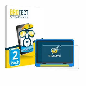 Parte frontal de un envase de producto con el logotipo de la marca BROTECT. Al lado se muestra el dispositivo Happybe Kids Tab