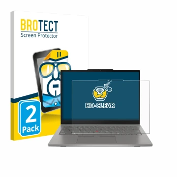 Parte frontal de un envase de producto con el logotipo de la marca BROTECT. Al lado se muestra el dispositivo Lenovo ThinkPad 