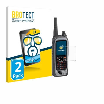 Parte frontal de un envase de producto con el logotipo de la marca BROTECT. Al lado se muestra el dispositivo Icom IC-A25NE /I