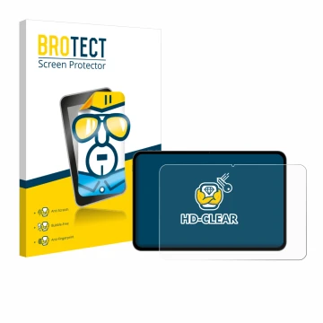 Parte frontal de un envase de producto con el logotipo de la marca BROTECT. Al lado se muestra el dispositivo Teclast T65 con 