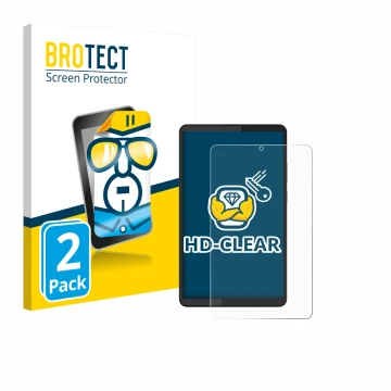 Parte frontal de un envase de producto con el logotipo de la marca BROTECT. Al lado se muestra el dispositivo Lenovo Tab One 8