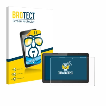 Parte frontal de un envase de producto con el logotipo de la marca BROTECT. Al lado se muestra el dispositivo Hannspree Pad 13