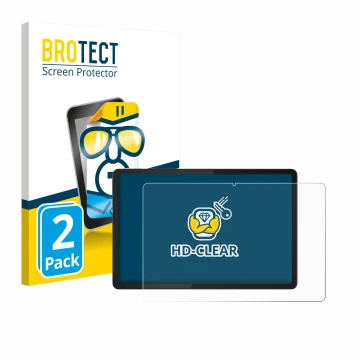 Parte frontal de un envase de producto con el logotipo de la marca BROTECT. Al lado se muestra el dispositivo Lenovo Tab K11e 