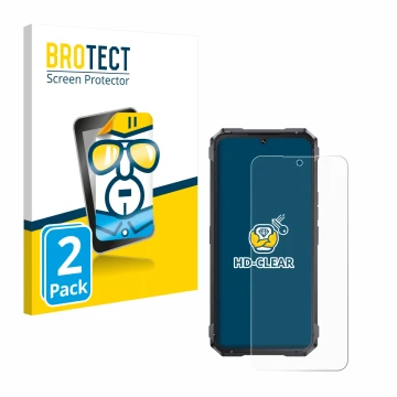 Parte frontal de un envase de producto con el logotipo de la marca BROTECT. Al lado se muestra el dispositivo Cubot King Kong 