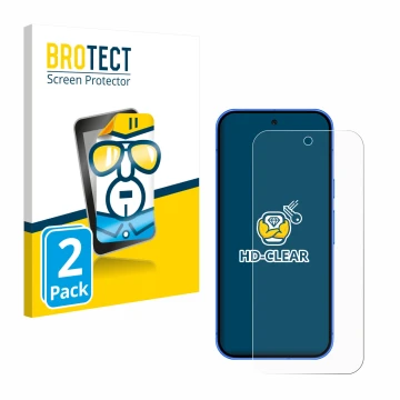 Parte frontal de un envase de producto con el logotipo de la marca BROTECT. Al lado se muestra el dispositivo Google Pixel 10 