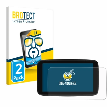 Parte frontal de un envase de producto con el logotipo de la marca BROTECT. Al lado se muestra el dispositivo TomTom GO Classi