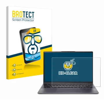 Parte frontal de un envase de producto con el logotipo de la marca BROTECT. Al lado se muestra el dispositivo Acer Swift Go 14