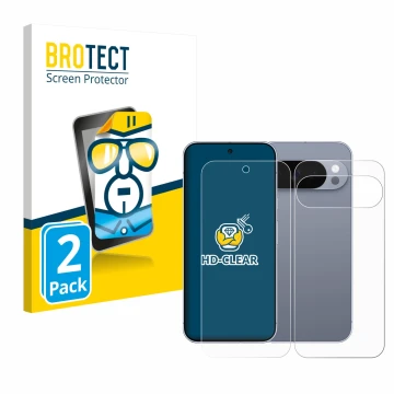 Parte frontal de un envase de producto con el logotipo de la marca BROTECT. Al lado se muestra el dispositivo Google Pixel 10 