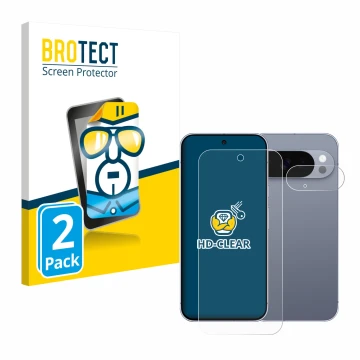 Parte frontal de un envase de producto con el logotipo de la marca BROTECT. Al lado se muestra el dispositivo Google Pixel 10 