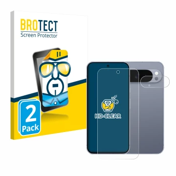 Parte frontal de un envase de producto con el logotipo de la marca BROTECT. Al lado se muestra el dispositivo Google Pixel 10 