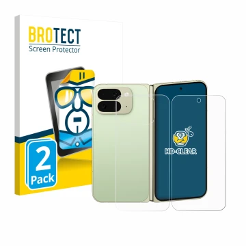 Parte frontal de un envase de producto con el logotipo de la marca BROTECT. Al lado se muestra el dispositivo Google Pixel 10 