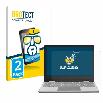 Parte frontal de un envase de producto con el logotipo de la marca BROTECT. Al lado se muestra el dispositivo Framework Laptop