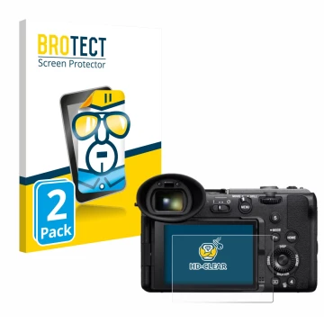 Parte frontal de un envase de producto con el logotipo de la marca BROTECT. Al lado se muestra el dispositivo Sony Cinema Line