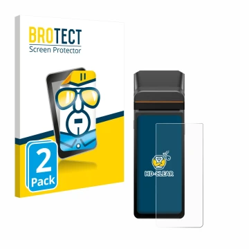 Parte frontal de un envase de producto con el logotipo de la marca BROTECT. Al lado se muestra el dispositivo Sunmi V3H con su