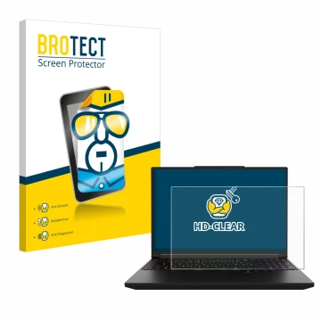 Parte frontal de un envase de producto con el logotipo de la marca BROTECT. Al lado se muestra el dispositivo XMG Pro 16 con s