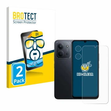 Parte frontal de un envase de producto con el logotipo de la marca BROTECT. Al lado se muestra el dispositivo Xiaomi Redmi 15C