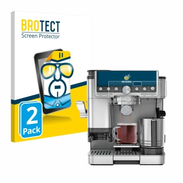 Parte frontal de un envase de producto con el logotipo de la marca BROTECT. Al lado se muestra el dispositivo Ninja Luxe Cafe 