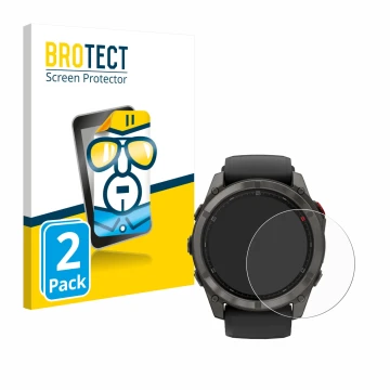 Parte frontal de un envase de producto con el logotipo de la marca BROTECT. Al lado se muestra el dispositivo Garmin Fenix 8 P