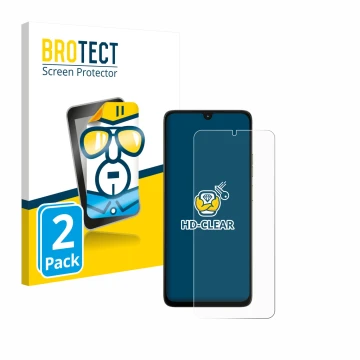 Parte frontal de un envase de producto con el logotipo de la marca BROTECT. Al lado se muestra el dispositivo Motorola Moto G0