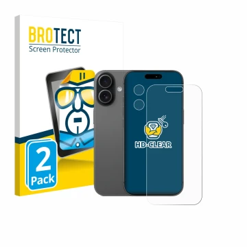 Parte frontal de un envase de producto con el logotipo de la marca BROTECT. Al lado se muestra el dispositivo Apple iPhone 17 