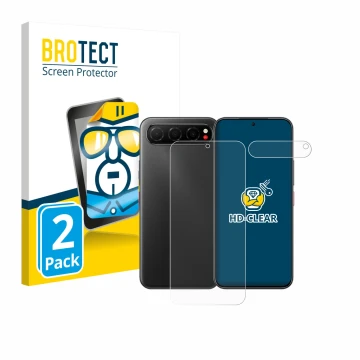 Parte frontal de un envase de producto con el logotipo de la marca BROTECT. Al lado se muestra el dispositivo Nubia Air (Front