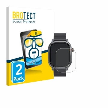 Parte frontal de un envase de producto con el logotipo de la marca BROTECT. Al lado se muestra el dispositivo Kospet Pulse con