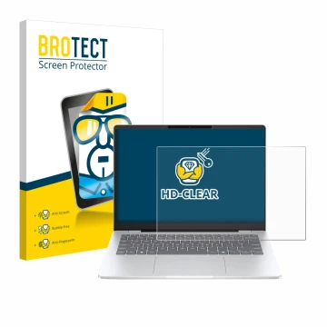 Parte frontal de un envase de producto con el logotipo de la marca BROTECT. Al lado se muestra el dispositivo HP OmniBook 7 14