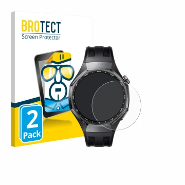 Parte frontal de un envase de producto con el logotipo de la marca BROTECT. Al lado se muestra el dispositivo Huawei Watch GT 