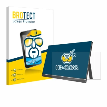 Parte frontal de un envase de producto con el logotipo de la marca BROTECT. Al lado se muestra el dispositivo Arzopa 60HZ/A1 1