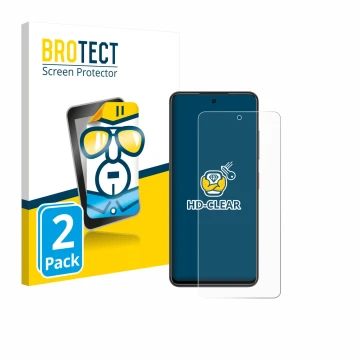 Parte frontal de un envase de producto con el logotipo de la marca BROTECT. Al lado se muestra el dispositivo Nubia Focus con 