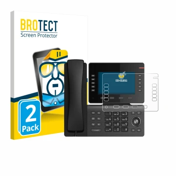 Parte frontal de un envase de producto con el logotipo de la marca BROTECT. Al lado se muestra el dispositivo Snom D865 con su