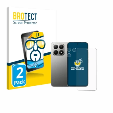 Parte frontal de un envase de producto con el logotipo de la marca BROTECT. Al lado se muestra el dispositivo Xiaomi 15T (Fron