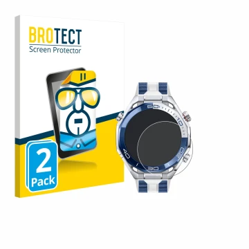Parte frontal de un envase de producto con el logotipo de la marca BROTECT. Al lado se muestra el dispositivo Huawei Watch Ult