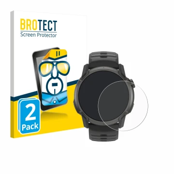 Parte frontal de un envase de producto con el logotipo de la marca BROTECT. Al lado se muestra el dispositivo Coros Apex 4 (42