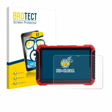 Parte frontal de un envase de producto con el logotipo de la marca BROTECT. Al lado se muestra el dispositivo Launch X-431 Pad