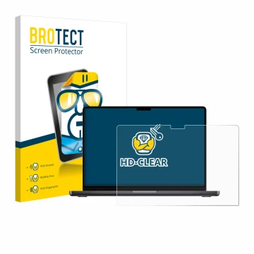 Parte frontal de un envase de producto con el logotipo de la marca BROTECT. Al lado se muestra el dispositivo Apple MacBook Pr