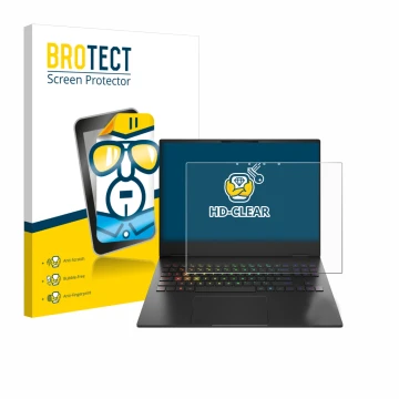 Parte frontal de un envase de producto con el logotipo de la marca BROTECT. Al lado se muestra el dispositivo HP Omen Transcen