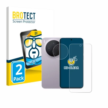 Parte frontal de un envase de producto con el logotipo de la marca BROTECT. Al lado se muestra el dispositivo Vivo X300 (Front