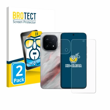 Parte frontal de un envase de producto con el logotipo de la marca BROTECT. Al lado se muestra el dispositivo Vivo iQOO 15 (Fr