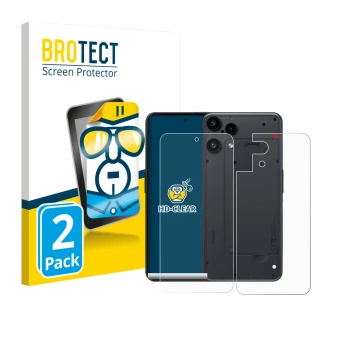 Parte frontal de un envase de producto con el logotipo de la marca BROTECT. Al lado se muestra el dispositivo Nothing Phone (3
