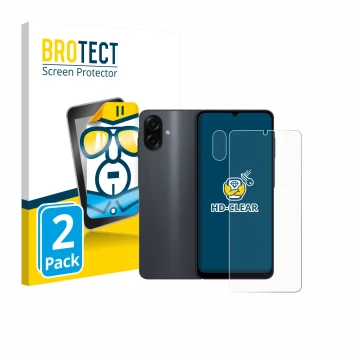 Parte frontal de un envase de producto con el logotipo de la marca BROTECT. Al lado se muestra el dispositivo Samsung Galaxy A