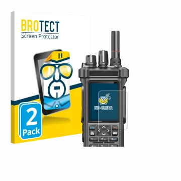 Parte frontal de un envase de producto con el logotipo de la marca BROTECT. Al lado se muestra el dispositivo Radtel RT-950 Pr