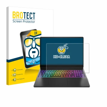 Parte frontal de un envase de producto con el logotipo de la marca BROTECT. Al lado se muestra el dispositivo HP Omen Max 16 c