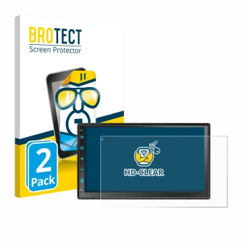 Parte frontal de un envase de producto con el logotipo de la marca BROTECT. Al lado se muestra el dispositivo Atoto F7 WE F7G2