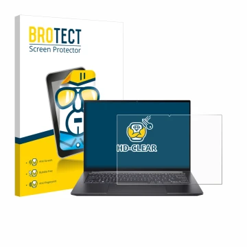 Parte frontal de un envase de producto con el logotipo de la marca BROTECT. Al lado se muestra el dispositivo Acer Swift X 14 