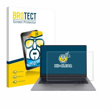 Parte frontal de un envase de producto con el logotipo de la marca BROTECT. Al lado se muestra el dispositivo Honor MagicBook 