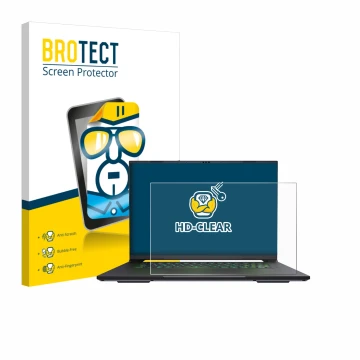 Parte frontal de un envase de producto con el logotipo de la marca BROTECT. Al lado se muestra el dispositivo Gigabyte AERO X1